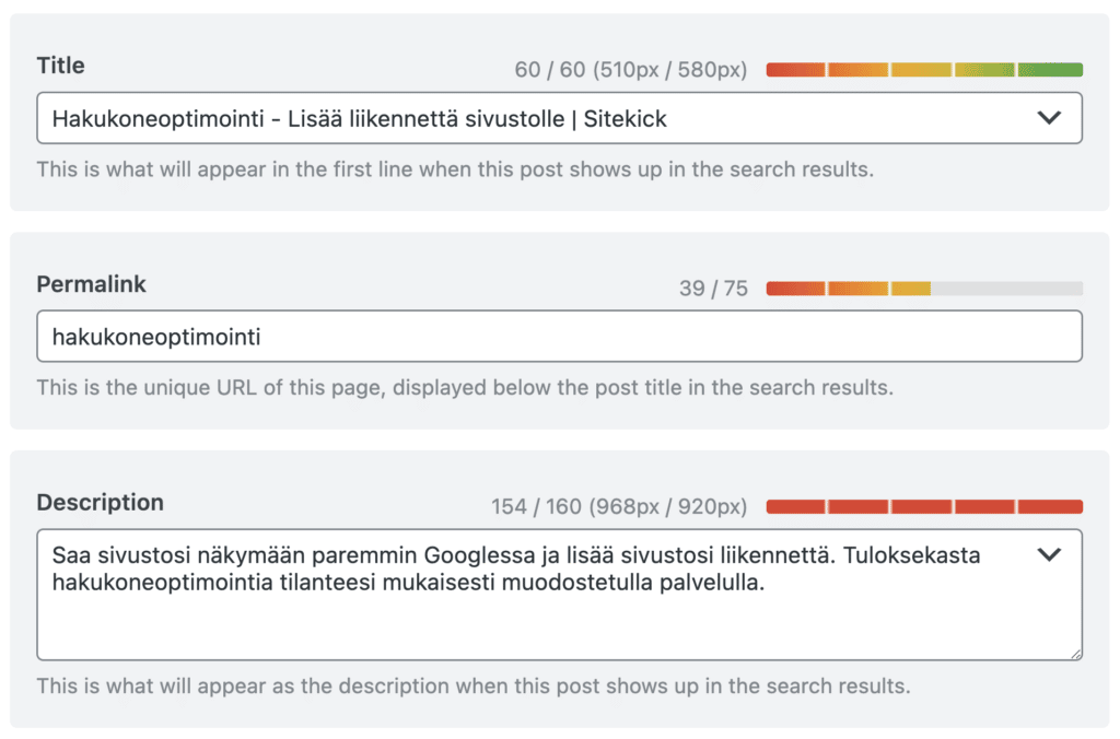 Alasivun Google-otsikon, polkutunnuksen ja Google-metakuvauksen muokkausnäkymä
